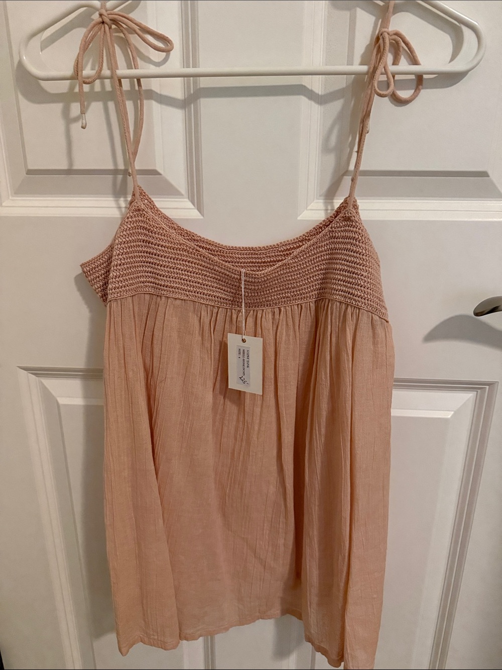 Ulla Johnson Gauze Cotton Light Blush Crochet Yoke Tie-Strap Tank Top